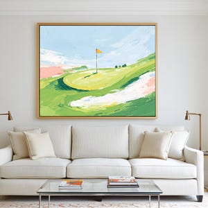 Golf Course Canvas Wall Art – Abstract Green Landscape Painting with Texture – Modern Sports Artwork for Game Room or Living Room