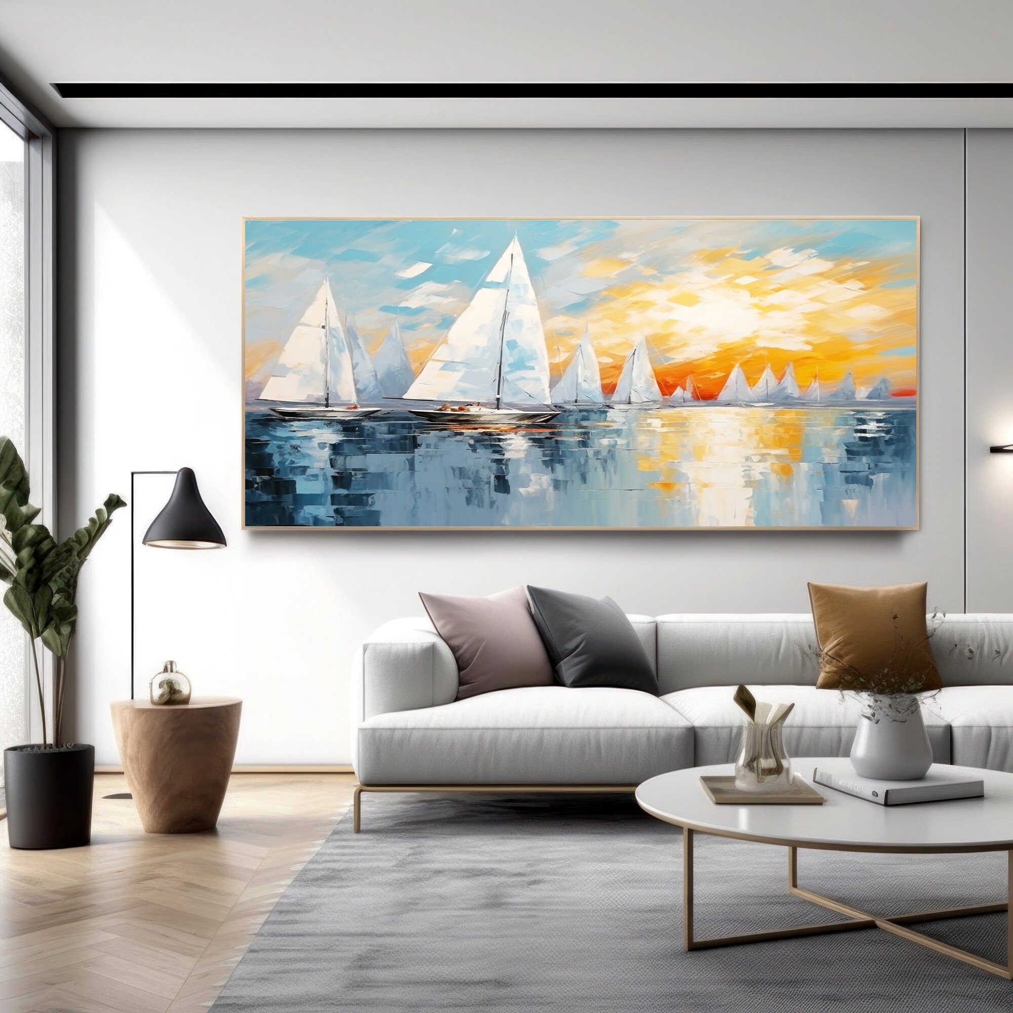 Original Sailboats Abstract Art In Harbor Landscape, Large Nautical Oil & Acrylic Painting On Canvas, Contemporary Living Room Art