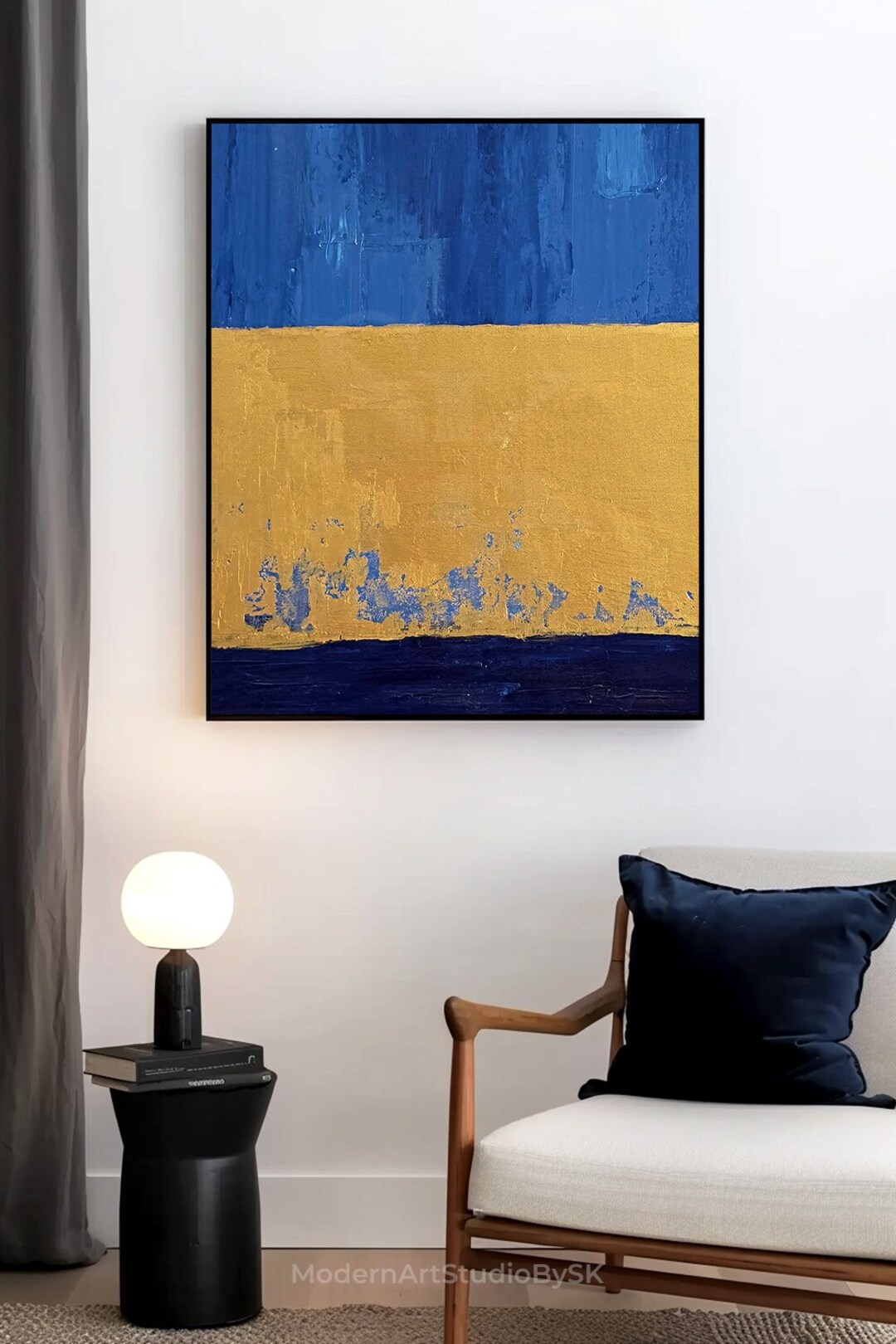 Large Blue Gold Abstract Painting, Modern Textured Wall Art ...