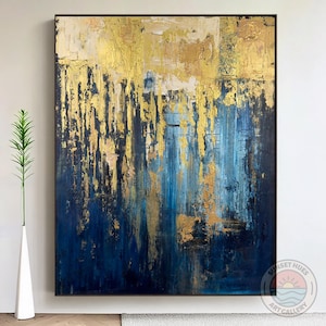 Blue and Gold Abstract Wall Art, Textured Acrylic Painting, Large Canvas Art, Modern Home Decor, Original Artwork, Statement Piece For Gifts