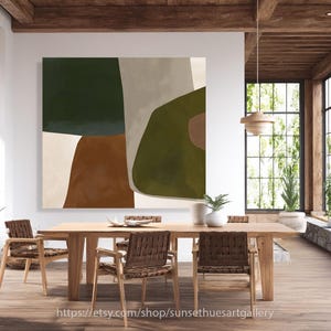 Rustic Green Square Abstract Painting, Modern Boho Wall Art, Japandi Organic Minimalist Decor for Living, Dining, Lounge, SPRCJKJ94