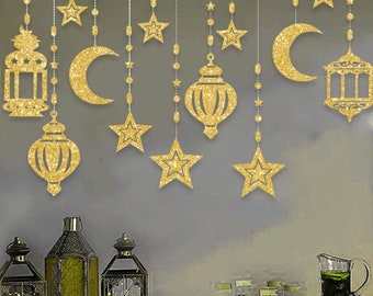 Eid Mubarak Ramadan Decorations \ Star Moon Lanterns Garland \ Streamers Backdrop \ Shiny Hanging for Islam Muslim