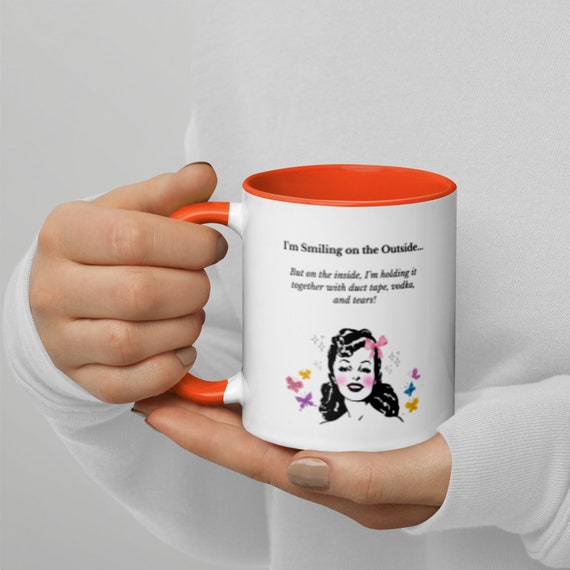 BIG CERAMIC MUG, Large Handle Mug, Aesthetic Coffee Mug, I Am Smiling Outside Funny Safe Round Corner Printed Coffee Mug