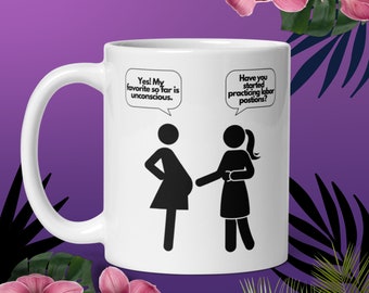 Funny Baby Shower Gift Mug: Have You Been Practicing Positions? Funny Pregnancy Coffee Mug, Baby on the way card, Unique Gift Mugs