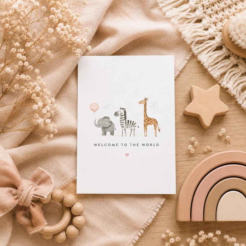 Welcome To The World Card - Baby Shower Card - New Baby Congratulations - Safari Animals Card - Elephant Zebra Giraffe Nursery CardBAB001 image 5