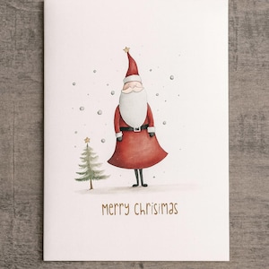 Merry Christmas Card – Christmas card with Santa Claus & Christmas tree – Scandinavian Christmas card – Minimal Christmas Card