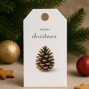 May include: A white gift tag with a gold eyelet, featuring the words "- MERRY Christmas" in elegant script. A detailed brown pinecone is centered below the text. Christmas ornaments and a star-shaped cookie are in the background.