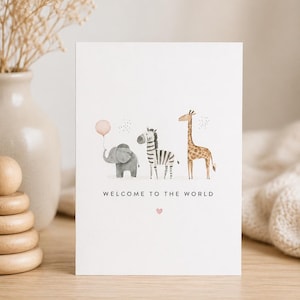 Welcome To The World Card - Baby Shower Card - New Baby Congratulations - Safari Animals Card - Elephant Zebra Giraffe Nursery CardBAB001 image 1