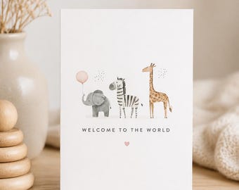 Welcome To The World Card – Baby Shower Card – New Baby Congratulations – Safari Animals Card – Elephant Zebra Giraffe Nursery Card BAB004