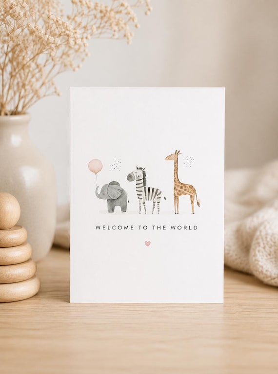 Welcome To The World Card – Baby Shower Card – New Baby Congratulations – Safari Animals Card – Elephant Zebra Giraffe Nursery CardBAB001