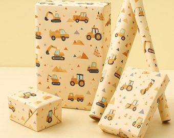 6 Bögen Geschenkpapier – 50×70 cm – Baustelle & Fahrzeuge – Bagger, Traktor, LKW – Geschenkverpackung für Kindergeburtstag