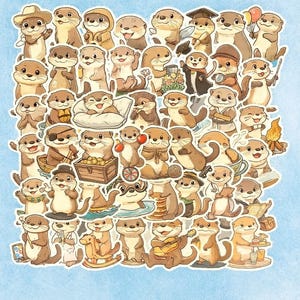 Könnte beinhalten: Eine Ansammlung von Cartoon-Otter-Aufklebern in verschiedenen Posen und Outfits. Die Otter werden in verschiedenen Szenarien dargestellt, wie z. B. mit Hüten, Luftballons und Musikinstrumenten. Der Hintergrund ist hellblau.