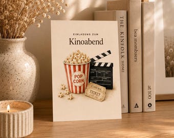 Puede incluir: Una tarjeta de invitación rectangular con el texto EINLADUNG ZUM Kinoabend, una ilustración de un cubo de palomitas de rayas rojas y blancas, una claqueta de cine negra y una entrada de cine beige con el texto CINEMA TICKET impreso.
