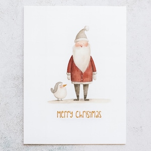 Tarjeta de Feliz Navidad – Tarjeta navideña minimalista con Papá Noel y un pájaro – Diseño escandinavo – Navidad en acuarela