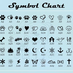 May include: A chart with 55 different symbols, each with a letter and number designation. The symbols include hearts, stars, animals, and other common designs.