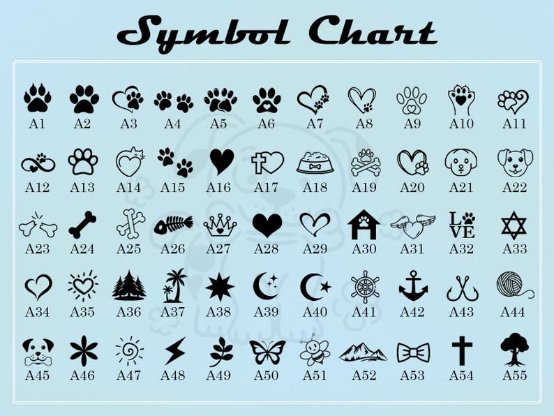 May include: A chart with 55 different symbols, each with a letter and number designation. The symbols include hearts, stars, animals, and other common designs.