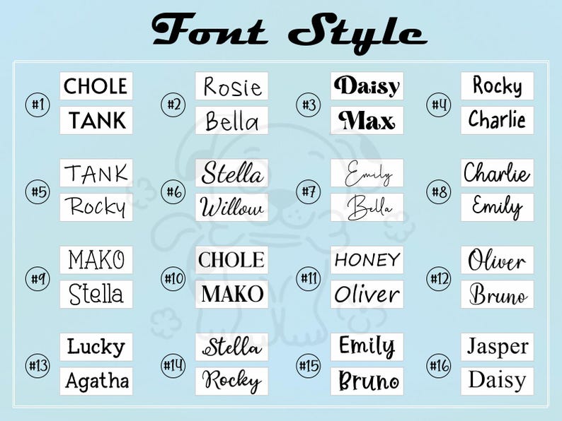 May include: A chart with 16 different font styles for names. Each style is numbered and includes a sample name. The font styles range from simple block letters to more decorative cursive styles.