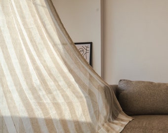 Striped Linen Curtain Natural Linen Cafe Curtains with Rod Pocket and Back Tabs Linen Sheer Curtains