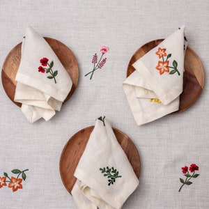 Floral Embroidered Napkins Linen Napkins Floral Linen Cocktail Napkins Dinner Linens in Off White Buttercream Customizable image 1