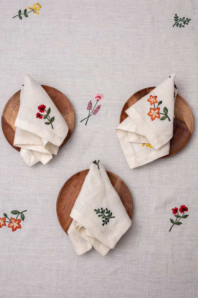 Floral Embroidered Napkins Linen Napkins Floral Linen Cocktail Napkins Dinner Linens in Off White Buttercream Customizable image 1