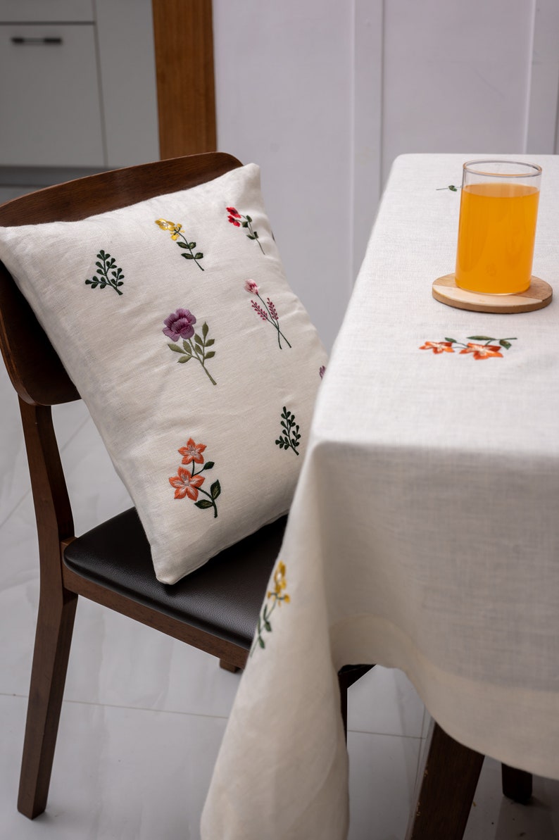 Minimalist Botanical Floral Embroidered Linen Cushion Covers ButterCream Pure Linen Blooming Splendor image 2