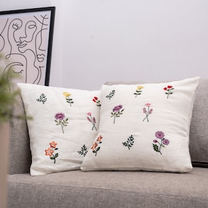 Minimalist Botanical Floral Embroidered Linen Cushion Covers ButterCream Pure Linen Blooming Splendor image 1