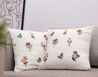 Minimalist Botanical Floral Embroidered Linen Cushion Covers; ButterCream Pure Linen; Blooming Splendor