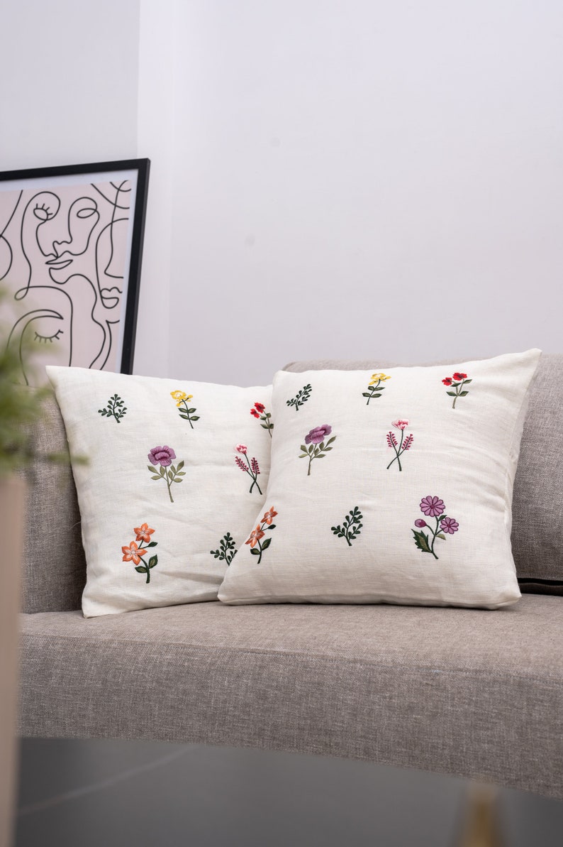 Minimalist Botanical Floral Embroidered Linen Cushion Covers ButterCream Pure Linen Blooming Splendor image 1