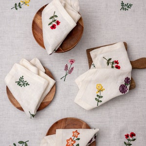 Floral Embroidered Napkins Linen Napkins Floral Linen Cocktail Napkins Dinner Linens in Off White Buttercream Customizable image 2