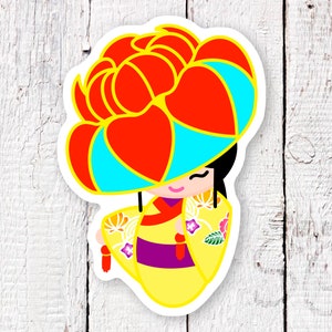 Okinawa Kokeshi Inspired Dancer Sticker | Okinawa Japan Sticker | Ryukyu Dancer Wearing Bingata Kimono and Hanagasa Hat | Vinyl Sticker |