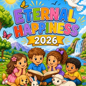 Op de afbeelding: Kleurrijke illustratie met de tekst "ETERNAL HAPPINESS 2026" boven kinderen die een boek lezen. Een duif met een olijftak vliegt erboven. Vlinders, een waterval en een zonnige hemel maken de scène compleet. De tekst "Convention of Jehovah's Witnesses" staat onderaan.