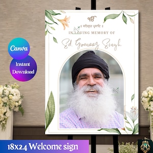 Elegancki kwiatowy znak powitalny na pogrzeb Kwiatowy plakat Barsi Plakat Sikh w kochającej pamięci Punjabi Znak celebracji życia Dekoracja pogrzebowa Sikh