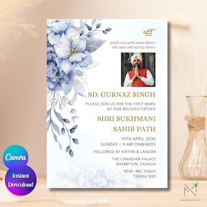 Modelo de anúncio de funeral Sikh floral azul Modelo de convite Sikh primeiro Barsi Modelo de falecimento Punjabi Memorial Sikh editável Canva