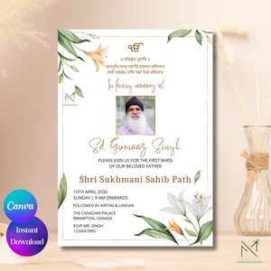 Sjabloon sikh-begrafenisaankondiging Punjabi First barsi-uitnodigingssjabloon In liefdevolle herinnering aan Barsi-uitnodigingskaart Sikh-begrafenisuitnodiging