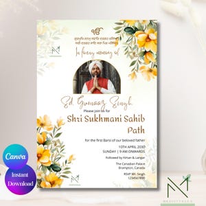 Modèle d'invitation pour funérailles sikhes invitation funéraire pendjabi floral jaune Carte d'invitation sikh barsi modifiable Canva service commémoratif pendjabi