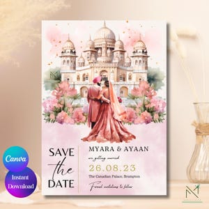 Royal Save the Date-kaarten Pastelkleurig sikh Luxe Save the Date-aankondigingssjabloon Royal Palace Punjabi Save the Date-kaartsjabloon