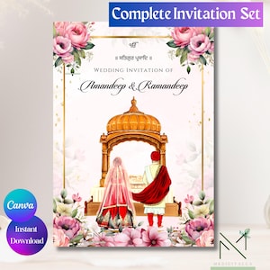 Roze bloemen Sikh-huwelijksuitnodigingsset Digitale Punjabi-huwelijksuitnodigingskaarten Anand Karaj-uitnodiging Sikh-huwelijksuitnodigingen bundel