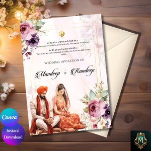 Cartão de convite de casamento Sikh Convite digital de casamento Punjabi Convite Anand karaj Convite de casamento Sikh convite digital Anand Karaj Canva