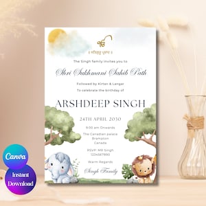 Modelo de convite Safari Shri Sukhmani Sahib Path Cartão de convite de primeiro aniversário Modelo de convite Digital Shri Akhand Path Canva