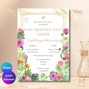 Convite floral para caminho de Shri Akhand para casa nova Modelo de convite para caminho de Shri Akhand para inauguração de casa digital Sikh Convite para caminho de Akhand editável Canva