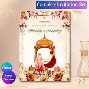 Paquete de invitación de boda sikh de otoño Conjunto de invitación de boda sikh Papelería de invitación de boda punjabi Invitación de Anand Karaj Canva editable