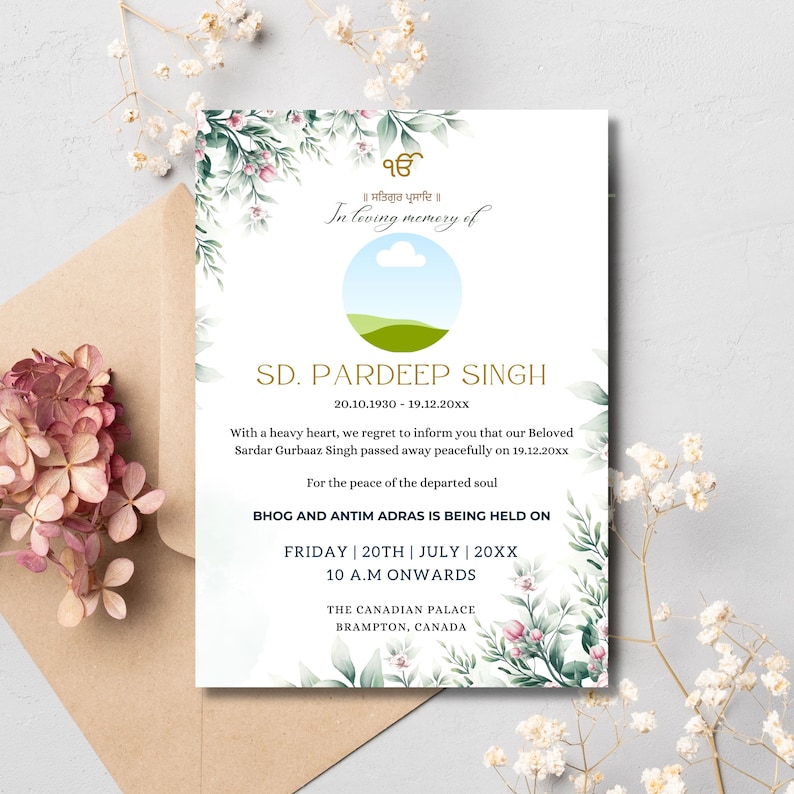 Sikh Funeral Invitation Template Punjabi Funeral Announcement Card