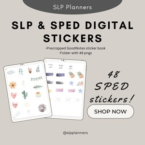 May include: Two digital planner pages with 48 colorful stickers for speech-language pathologists and special education teachers. The stickers include words like "EVAL", "SEND", and "IEP".