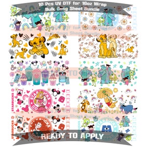 Uv DTF Disney 16 oz Cup Wrap Bulk Gang Sheet (10 Pcs), Ready To Apply, No Heat Needed, Waterproof, Disney UV DTF, Disney Wrap Bundle Uv Dtf