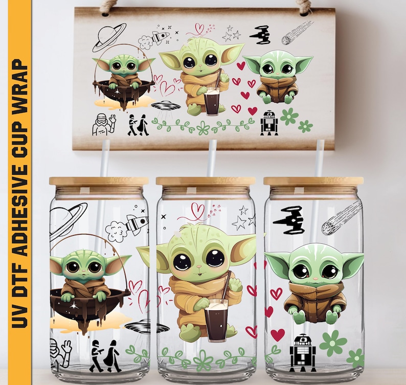 a couple of mason jars with baby yoda on them