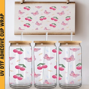 Uv DTF Wraps Butterfly 16 oz Cup Wrap, Butterflies Lover Uv Dtf, Ready To Apply, No Heat Needed, Waterproof, Butterfly and Cherry