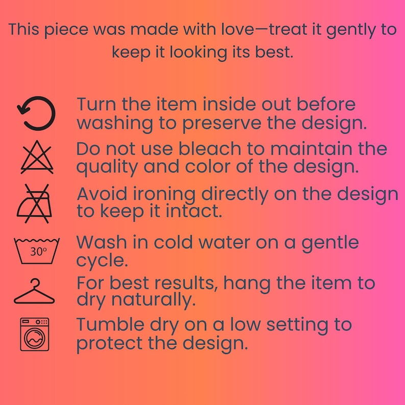 Puede incluir: Un gr&aacute;fico rosa y naranja con instrucciones de cuidado de la ropa. El texto aconseja lavar con agua fr&iacute;a, evitar la lej&iacute;a y la plancha, y secar en secadora a baja temperatura. Tambi&eacute;n recomienda voltear la prenda antes de lavarla.