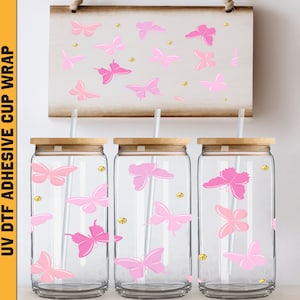 Uv DTF Wraps Butterfly 16 oz Cup Wrap, Butterflies Lover Uv Dtf, Ready To Apply, No Heat Needed, Waterproof, Pink Butterfly