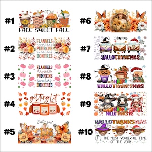 May include: A collection of fall-themed designs featuring text and graphics. Designs include coffee cups, pumpkins, floral arrangements, and phrases like "Fall Sweet Fall" and "Hello Fall." The images are vibrant with autumn colors.