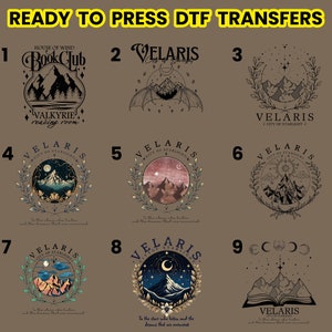May include: Nine different designs for iron-on transfers, featuring a variety of nature-inspired illustrations, including mountains, stars, moons, and a book. The designs are in black and white with a brown background.
